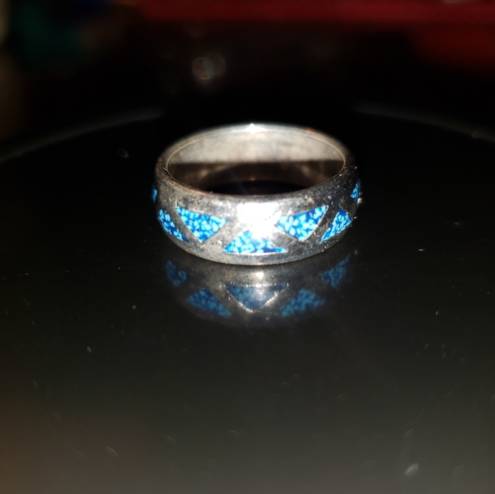 Indian Jewelry Ring Turquoise Inlays 925 Silver Vintage 70s Ring Silver